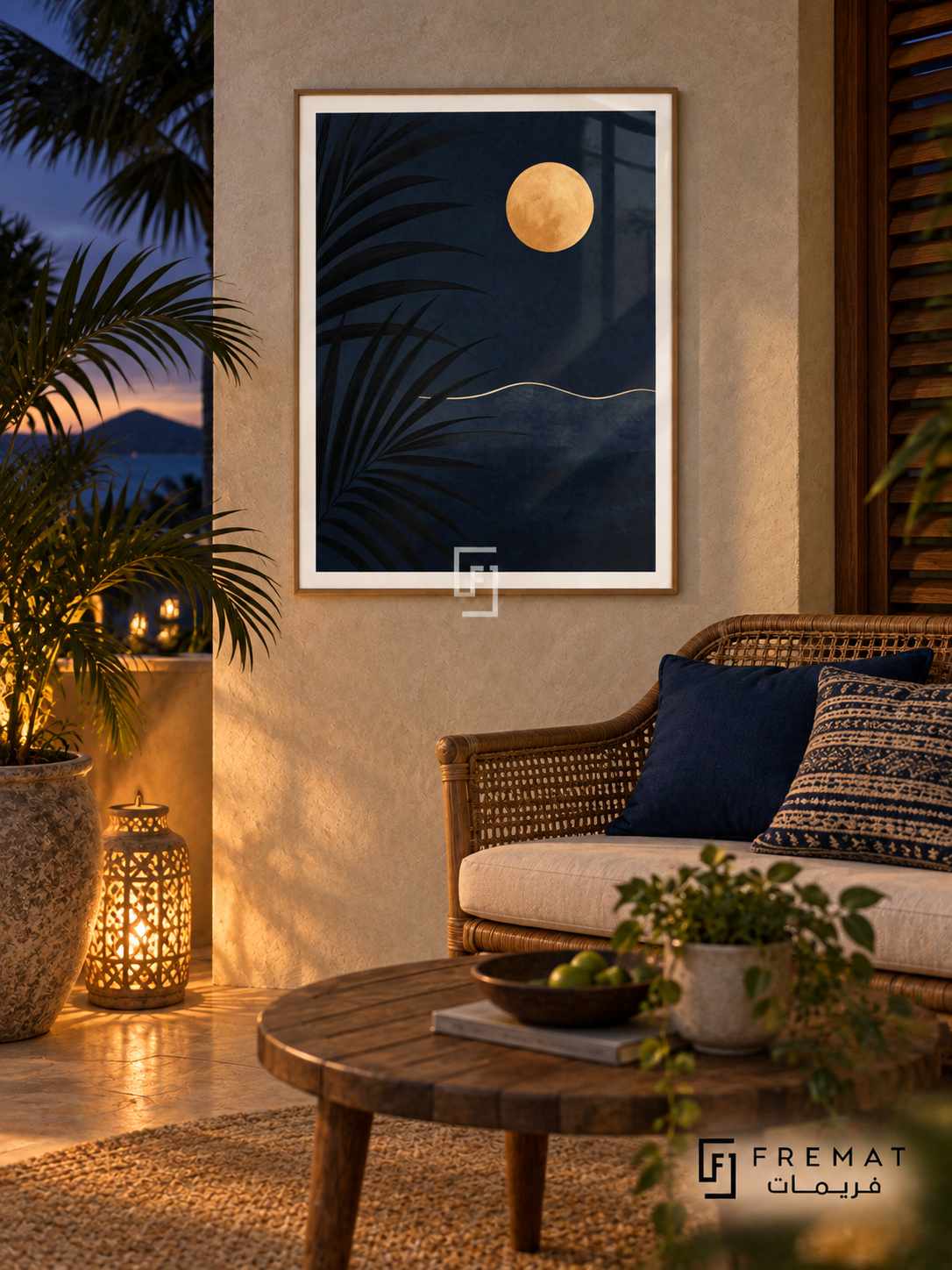 Night Palm NAT20 by FREMAT in a slim light wood-grain PVC frame, with an even white printed border, subtle glazing reflections and furniture showing scale.