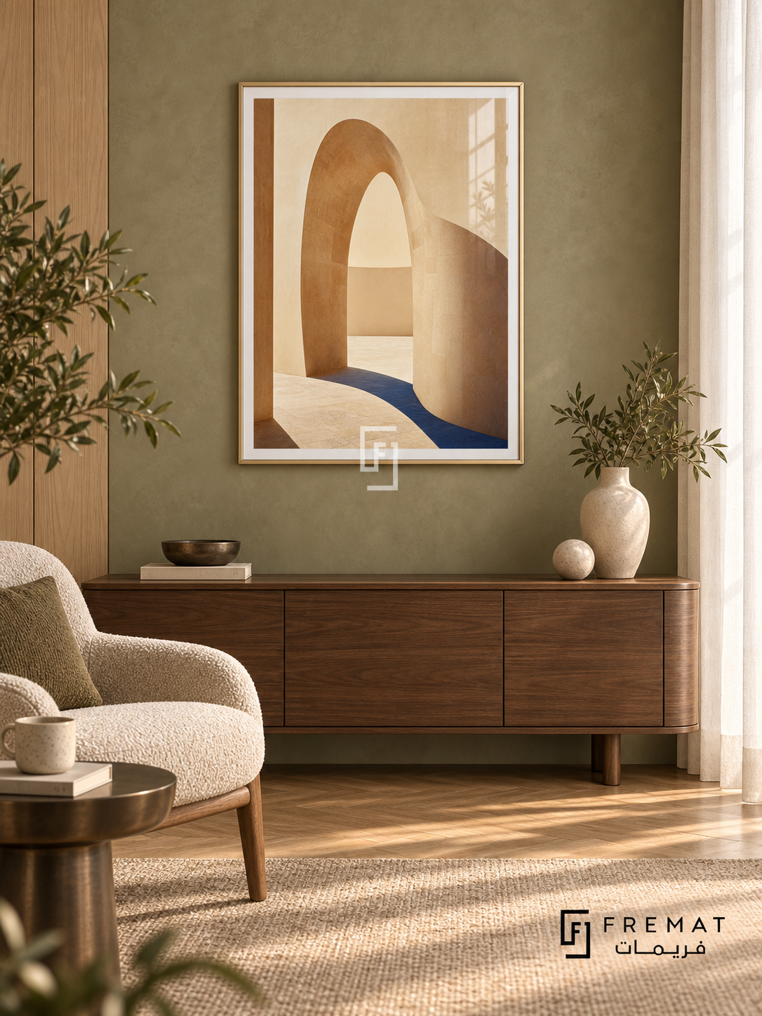 Quiet Arch (PLC01) framed architectural wall art with a champagne gold PVC frame, flat white paper border and glass reflection. Approved champagne-gold test: olive limewash reading salon, pale oak side panel, rounded walnut console.