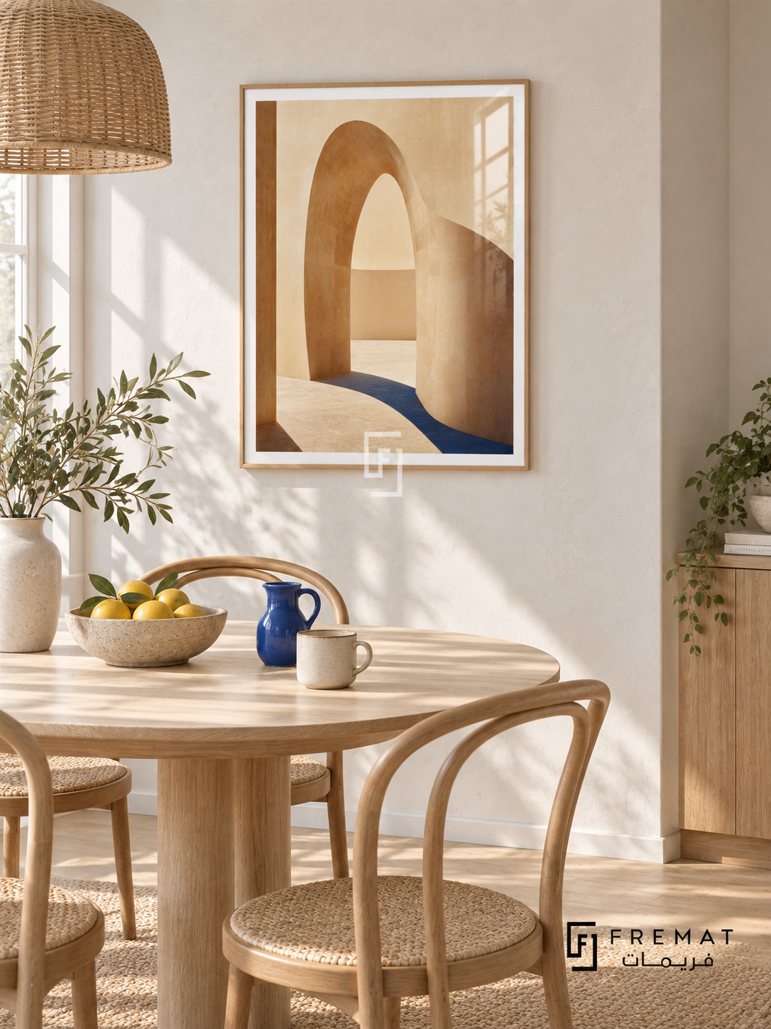 Quiet Arch (PLC01) framed architectural wall art with a light wood-grain PVC frame, flat white paper border and glass reflection. Airy Scandinavian breakfast nook, chalk-white plaster, ash oval dining table 150cm.
