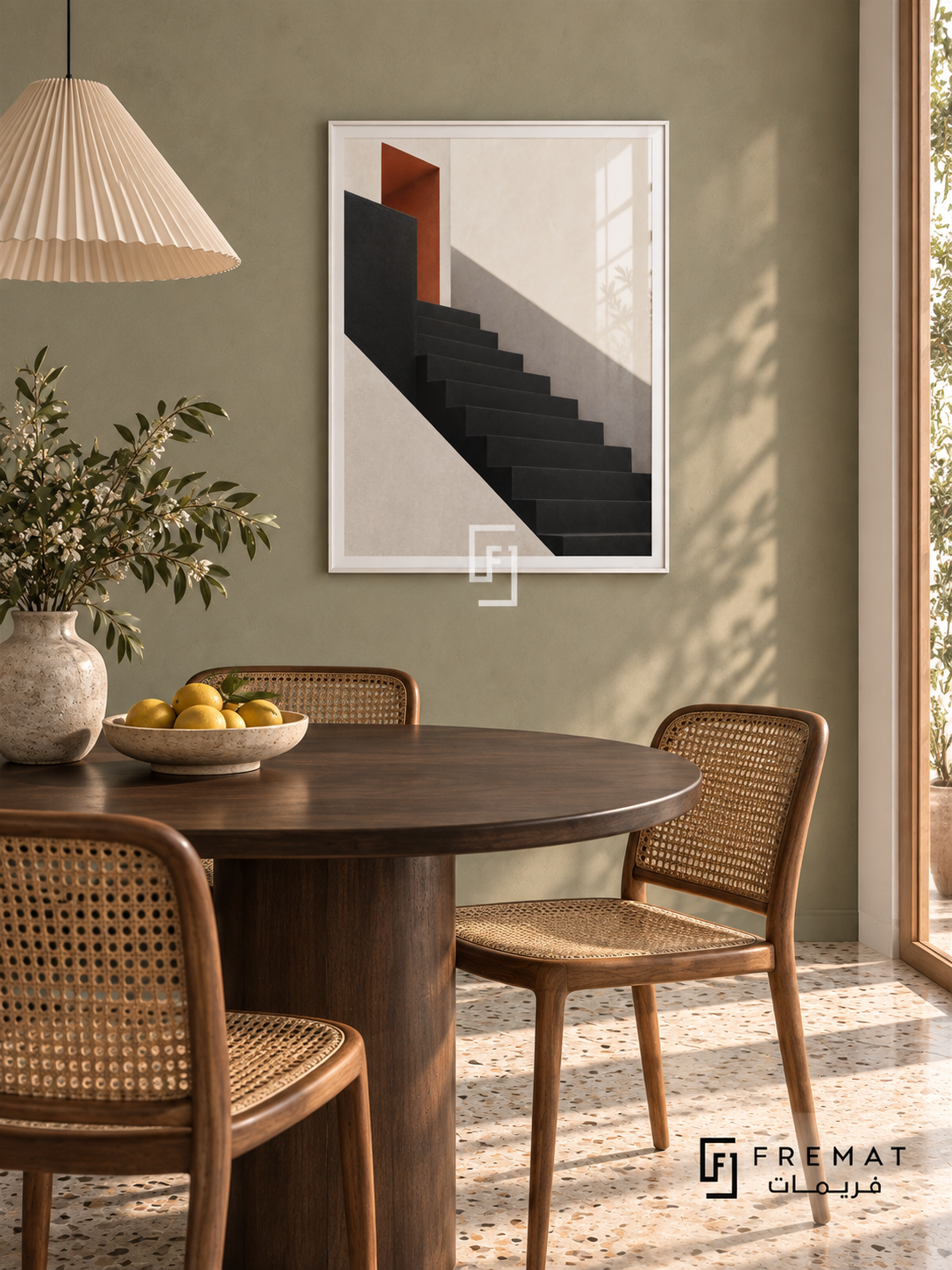 Shadow Stair (PLC02) framed architectural wall art with a satin white PVC frame, flat white paper border and glass reflection. Sculptural dining corner, pale sage plaster wall, dark oval dining table 160cm.