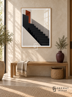 Shadow Stair (PLC02) framed architectural wall art with a light wood-grain PVC frame, flat white paper border and glass reflection. Warm minimalist foyer, rough ivory limestone wall, oak slatted bench 140cm.
