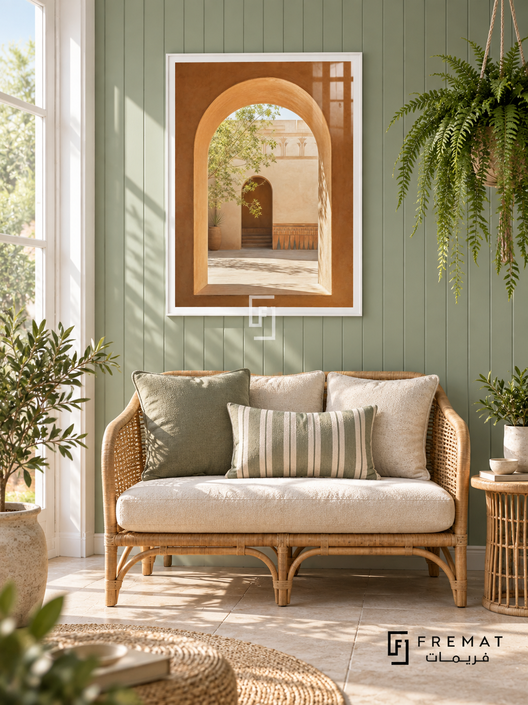 Courtyard Window (PLC03) framed architectural wall art with a satin white PVC frame, flat white paper border and glass reflection. Fresh sunroom, celadon beadboard wall, rattan loveseat 150cm.