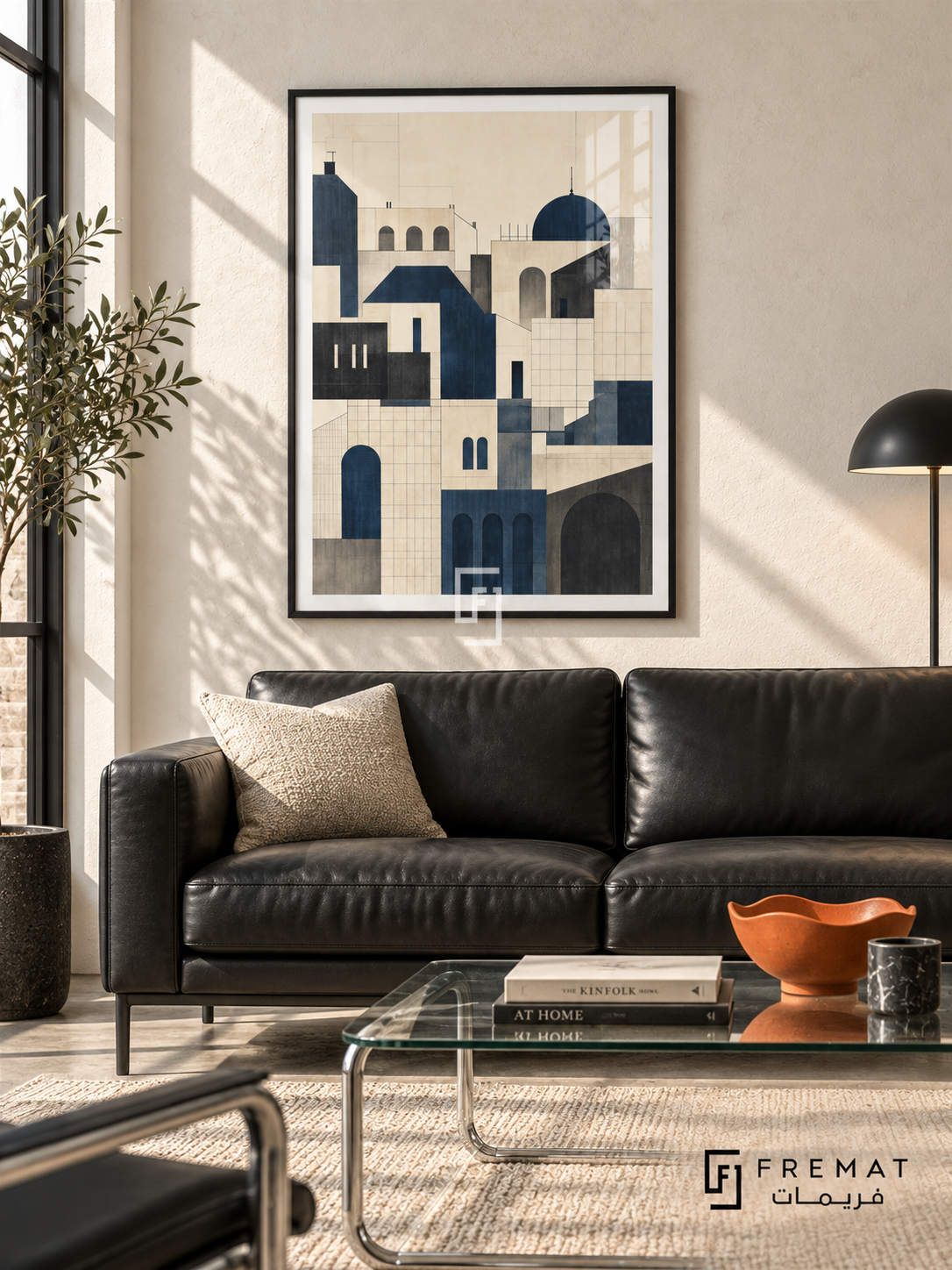 City Lines (PLC05) framed architectural wall art with a matte black PVC frame, flat white paper border and glass reflection. Graphic monochrome sitting room, ivory stucco wall, black leather two-seat sofa 170cm.