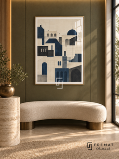 City Lines (PLC05) framed architectural wall art with a champagne gold PVC frame, flat white paper border and glass reflection. Refined lobby nook, deep olive wall panels, curved cream bench 160cm.