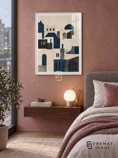 City Lines (PLC05) framed architectural wall art with a satin white PVC frame, flat white paper border and glass reflection. Urban bedroom, dusty rose limewash wall, gray upholstered bed 160cm.