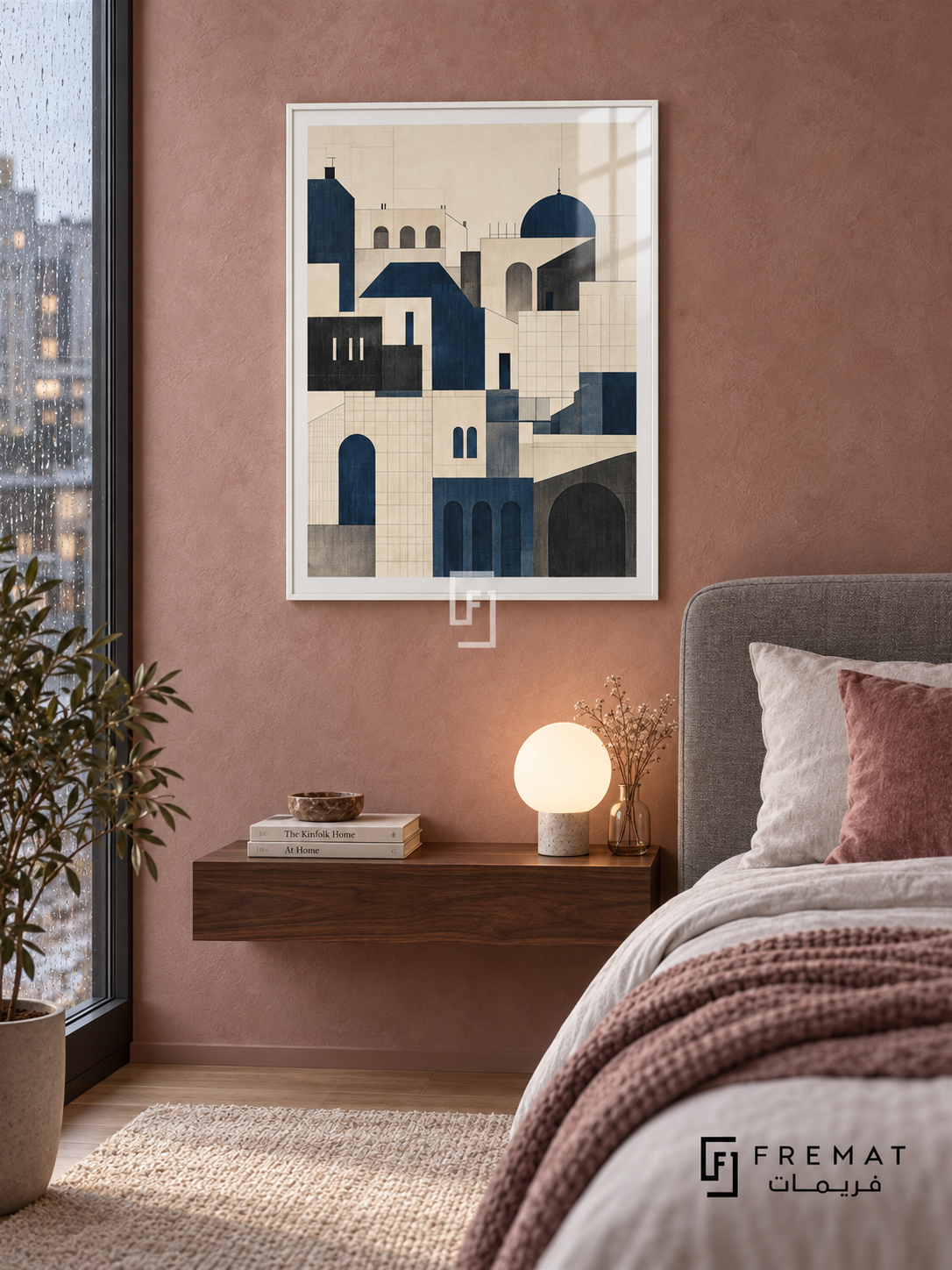 City Lines (PLC05) framed architectural wall art with a satin white PVC frame, flat white paper border and glass reflection. Urban bedroom, dusty rose limewash wall, gray upholstered bed 160cm.