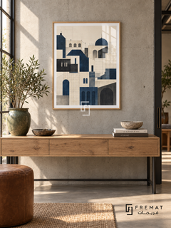 City Lines (PLC05) framed architectural wall art with a light wood-grain PVC frame, flat white paper border and glass reflection. Industrial loft entry, light concrete wall, raw oak console 150cm on steel legs.