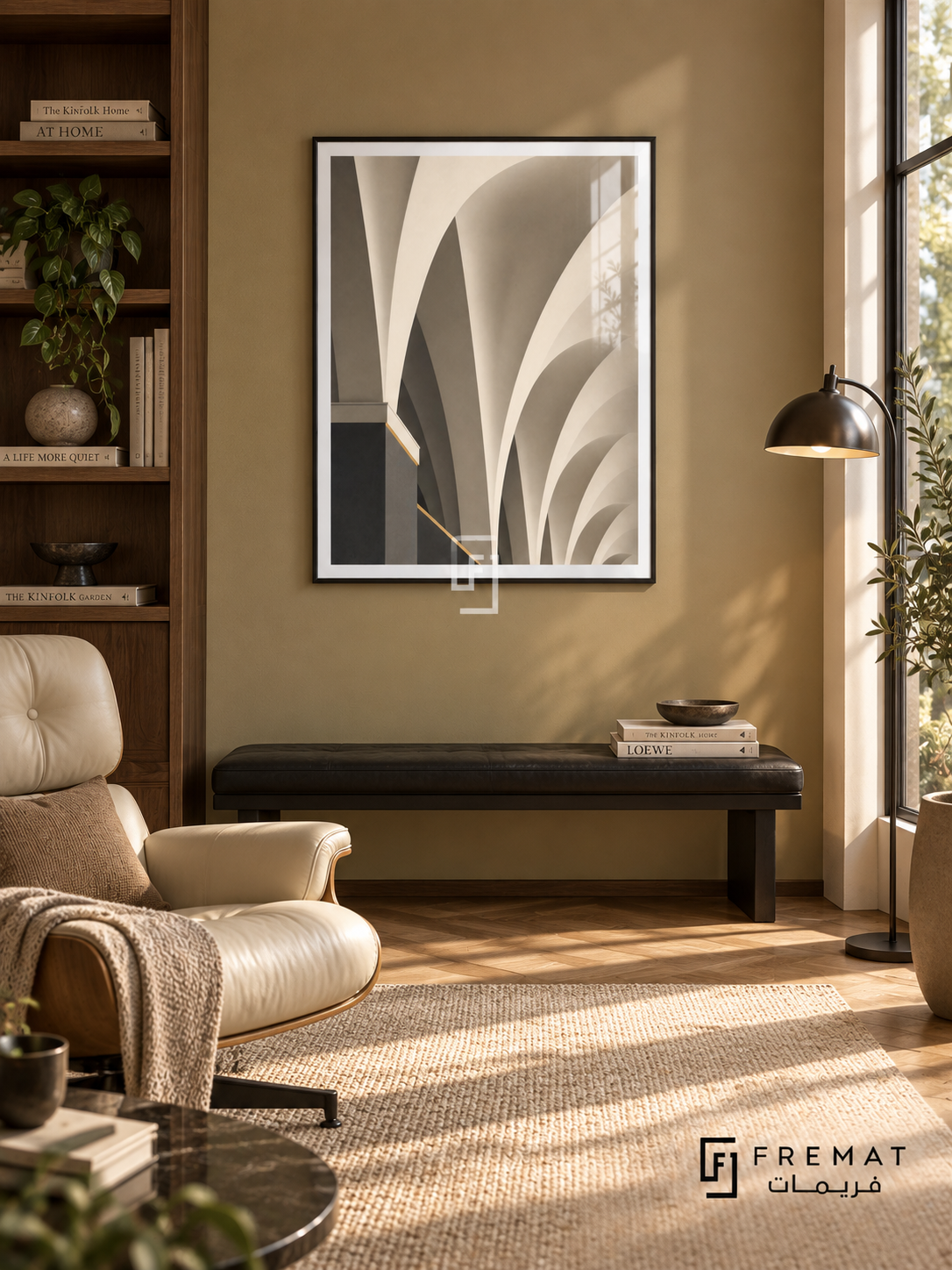 Vault Study (PLC06) framed architectural wall art with a matte black PVC frame, flat white paper border and glass reflection. Contemporary reading den, muted ochre wall, walnut bookcase on side.