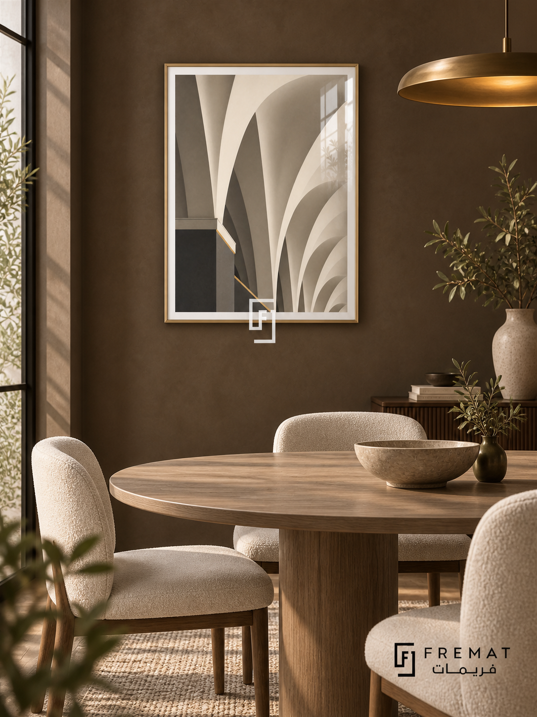 Vault Study (PLC06) framed architectural wall art with a champagne gold PVC frame, flat white paper border and glass reflection. Quiet gallery-like dining room, chocolate-brown limewash wall, oval ash table 160cm.