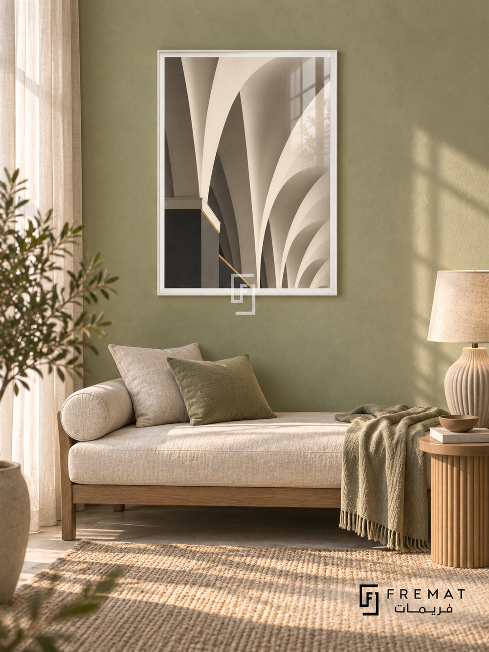 Vault Study (PLC06) framed architectural wall art with a satin white PVC frame, flat white paper border and glass reflection. Light filled guest room, pistachio textured wall, linen daybed 160cm.