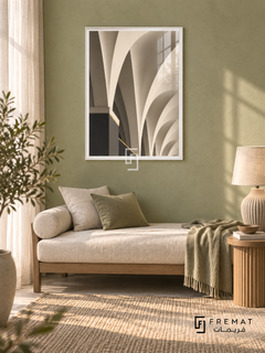 Vault Study (PLC06) framed architectural wall art with a satin white PVC frame, flat white paper border and glass reflection. Light filled guest room, pistachio textured wall, linen daybed 160cm.