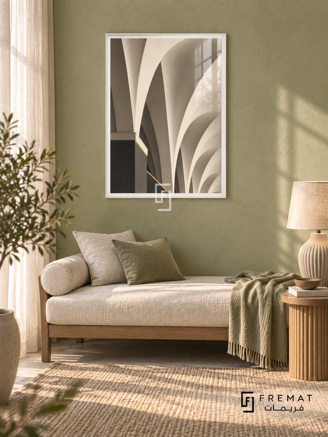 Vault Study (PLC06) framed architectural wall art with a satin white PVC frame, flat white paper border and glass reflection. Light filled guest room, pistachio textured wall, linen daybed 160cm.
