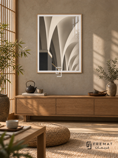 Vault Study (PLC06) framed architectural wall art with a light wood-grain PVC frame, flat white paper border and glass reflection. Japandi tea alcove, warm gray troweled plaster, low oak cabinet 145cm.