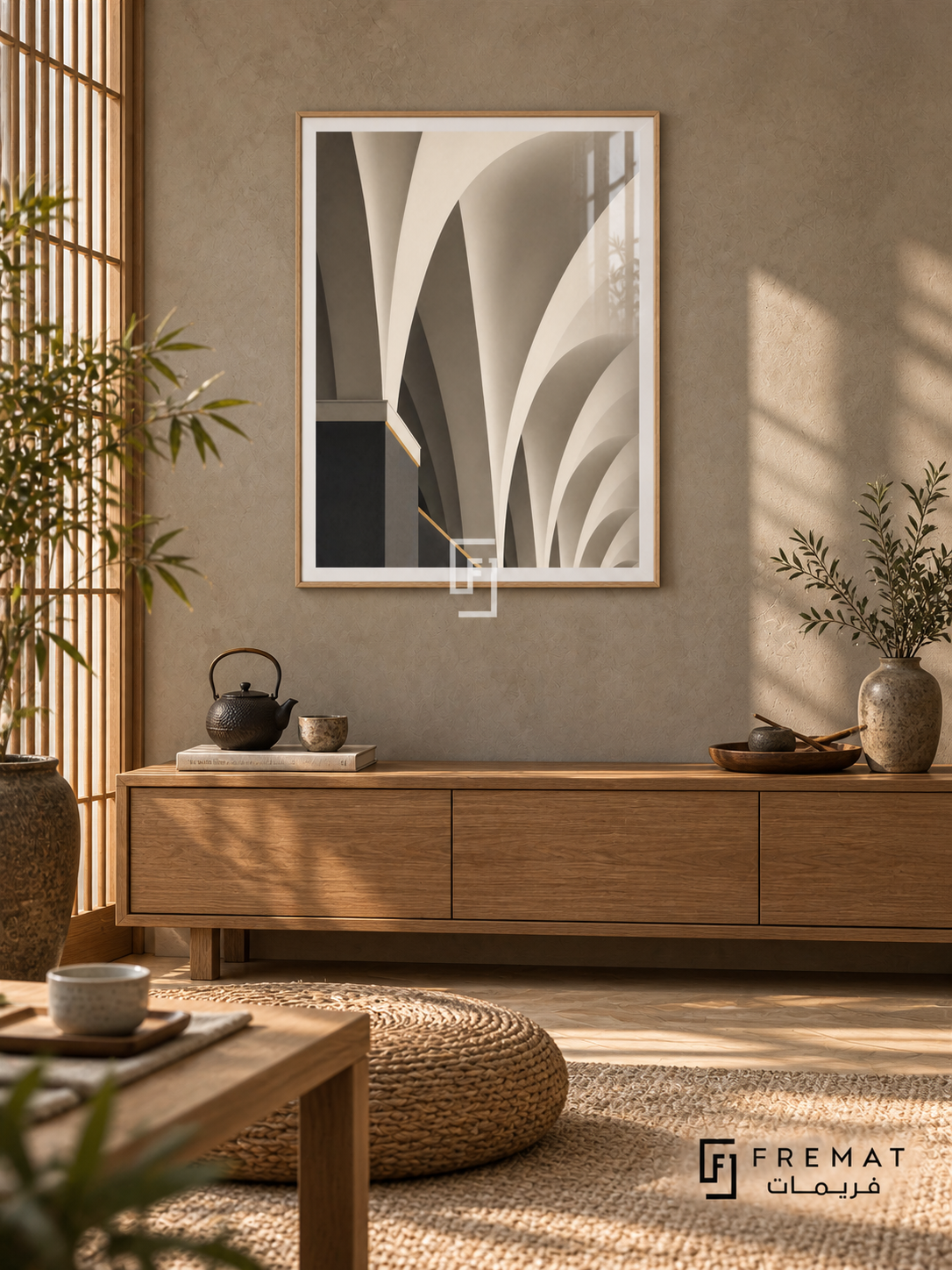 Vault Study (PLC06) framed architectural wall art with a light wood-grain PVC frame, flat white paper border and glass reflection. Japandi tea alcove, warm gray troweled plaster, low oak cabinet 145cm.