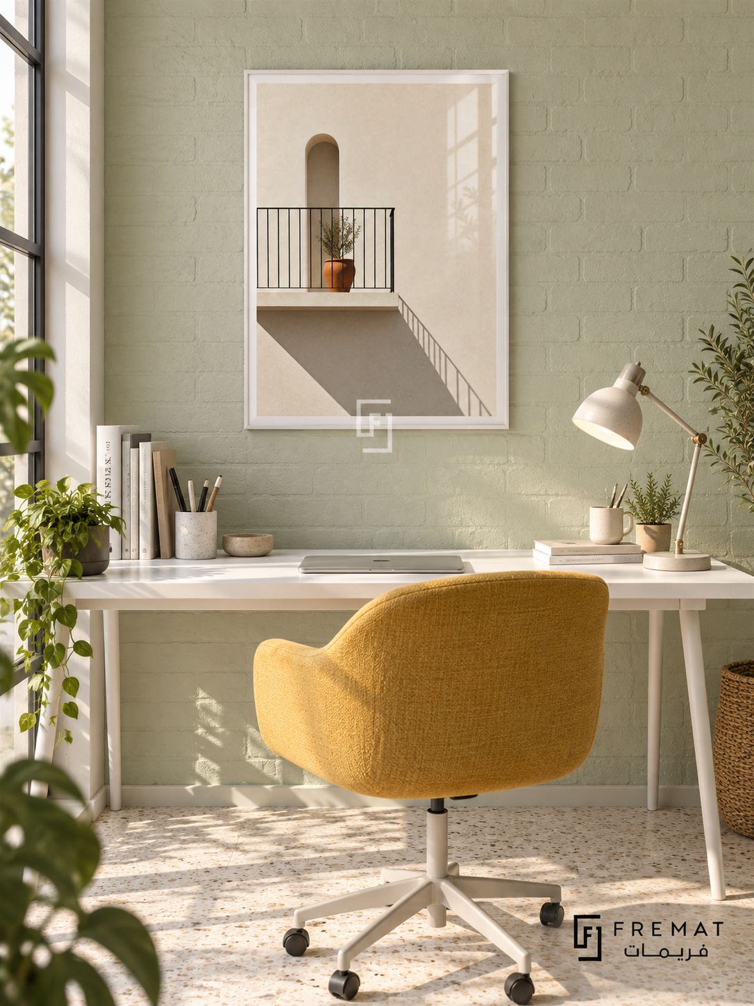 Sunlit Balcony (PLC07) framed architectural wall art with a satin white PVC frame, flat white paper border and glass reflection. Bright creative studio, pale mint painted brick, white desk 150cm.
