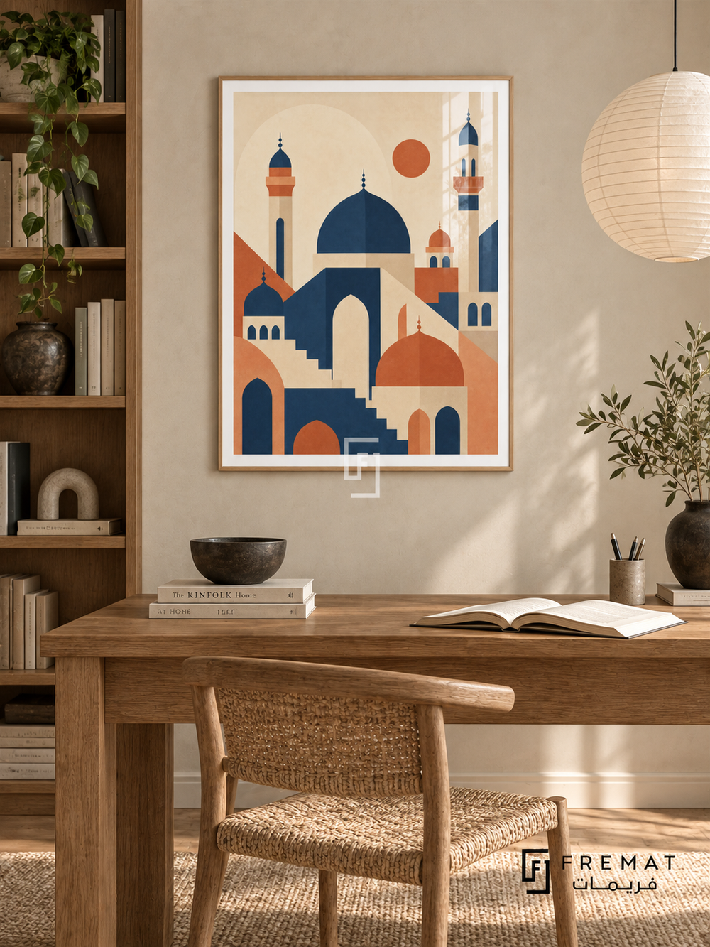 Mosque Forms (PLC08) framed architectural wall art with a light wood-grain PVC frame, flat white paper border and glass reflection. Contemporary serene library, cream limewash wall, solid oak reading desk 150cm.