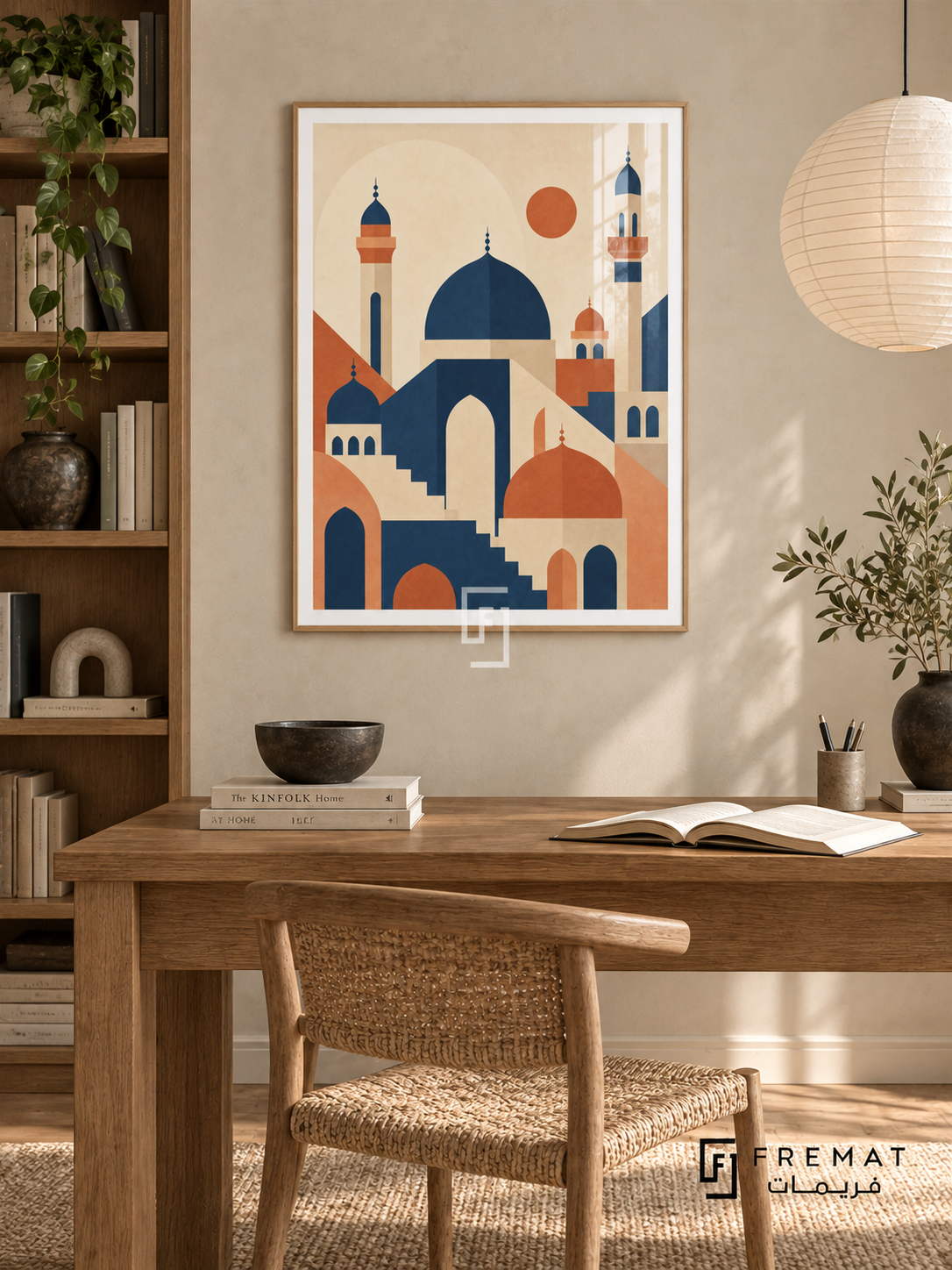 Mosque Forms (PLC08) framed architectural wall art with a light wood-grain PVC frame, flat white paper border and glass reflection. Contemporary serene library, cream limewash wall, solid oak reading desk 150cm.