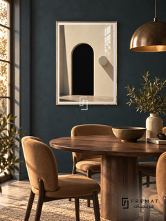 Doorway Study (PLC10) framed architectural wall art with a champagne gold PVC frame, flat white paper border and glass reflection. Intimate dining room, dark petrol-blue plaster, oval walnut table 160cm.