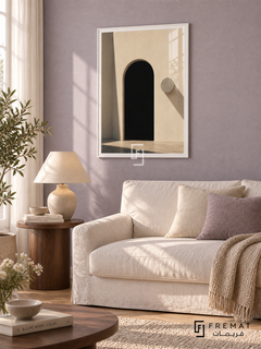 Doorway Study (PLC10) framed architectural wall art with a satin white PVC frame, flat white paper border and glass reflection. Quiet reading room, pale lavender linen wallcovering, white slipcovered loveseat 150cm.