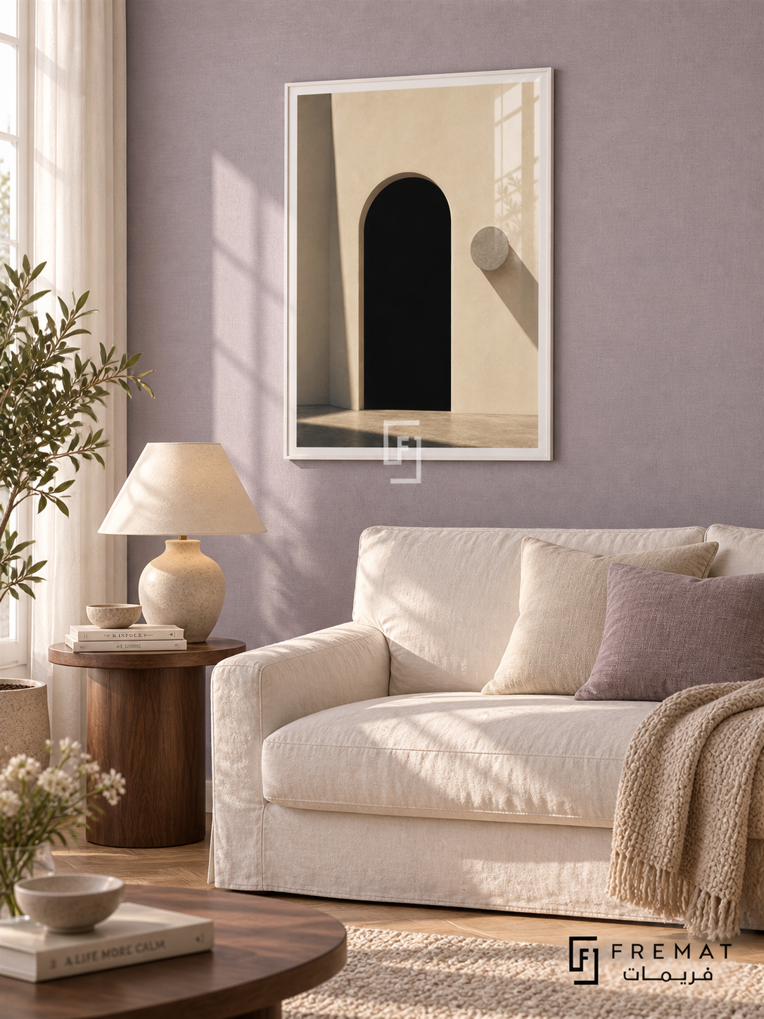 Doorway Study (PLC10) framed architectural wall art with a satin white PVC frame, flat white paper border and glass reflection. Quiet reading room, pale lavender linen wallcovering, white slipcovered loveseat 150cm.