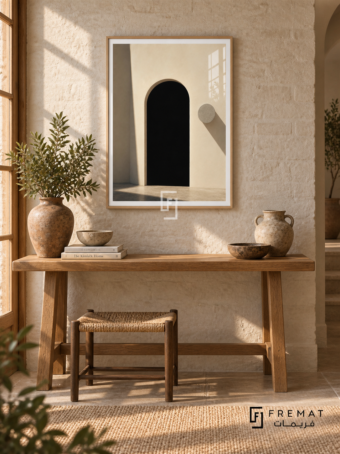 Doorway Study (PLC10) framed architectural wall art with a light wood-grain PVC frame, flat white paper border and glass reflection. Rustic refined foyer, limewashed brick, 150cm oak trestle console.