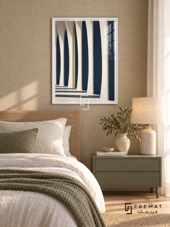 Column Light (PLC11) framed architectural wall art with a satin white PVC frame, flat white paper border and glass reflection. Peaceful bedroom, oatmeal grasscloth wall, pale oak bed 160cm and ivory duvet.