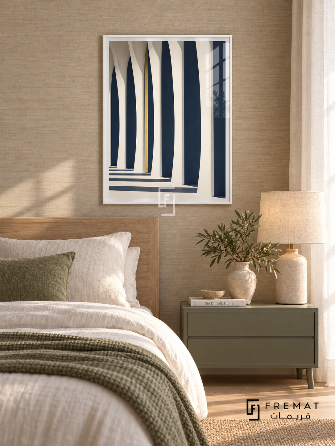 Column Light (PLC11) framed architectural wall art with a satin white PVC frame, flat white paper border and glass reflection. Peaceful bedroom, oatmeal grasscloth wall, pale oak bed 160cm and ivory duvet.