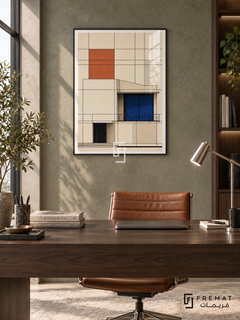 Grid House (PLC13) framed architectural wall art with a matte black PVC frame, flat white paper border and glass reflection. Minimal executive study, gray-green stone wall, smoked wood desk 160cm.