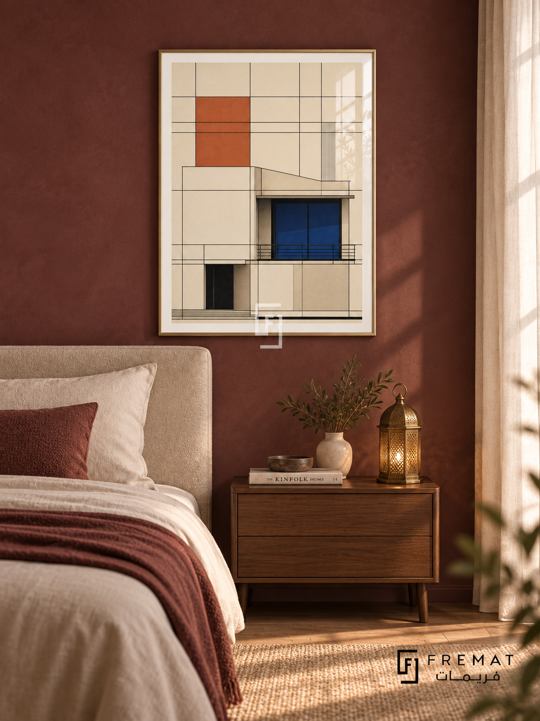 Grid House (PLC13) framed architectural wall art with a champagne gold PVC frame, flat white paper border and glass reflection. Refined bedroom, dusty burgundy plaster wall, sand upholstered bed 160cm.