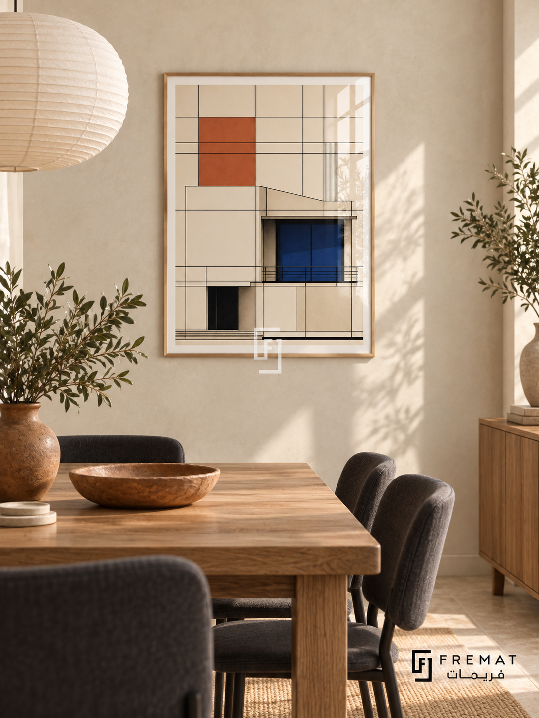 Grid House (PLC13) framed architectural wall art with a light wood-grain PVC frame, flat white paper border and glass reflection. Architectural family dining area, creamy limewashed wall, oak rectangular table 170cm.