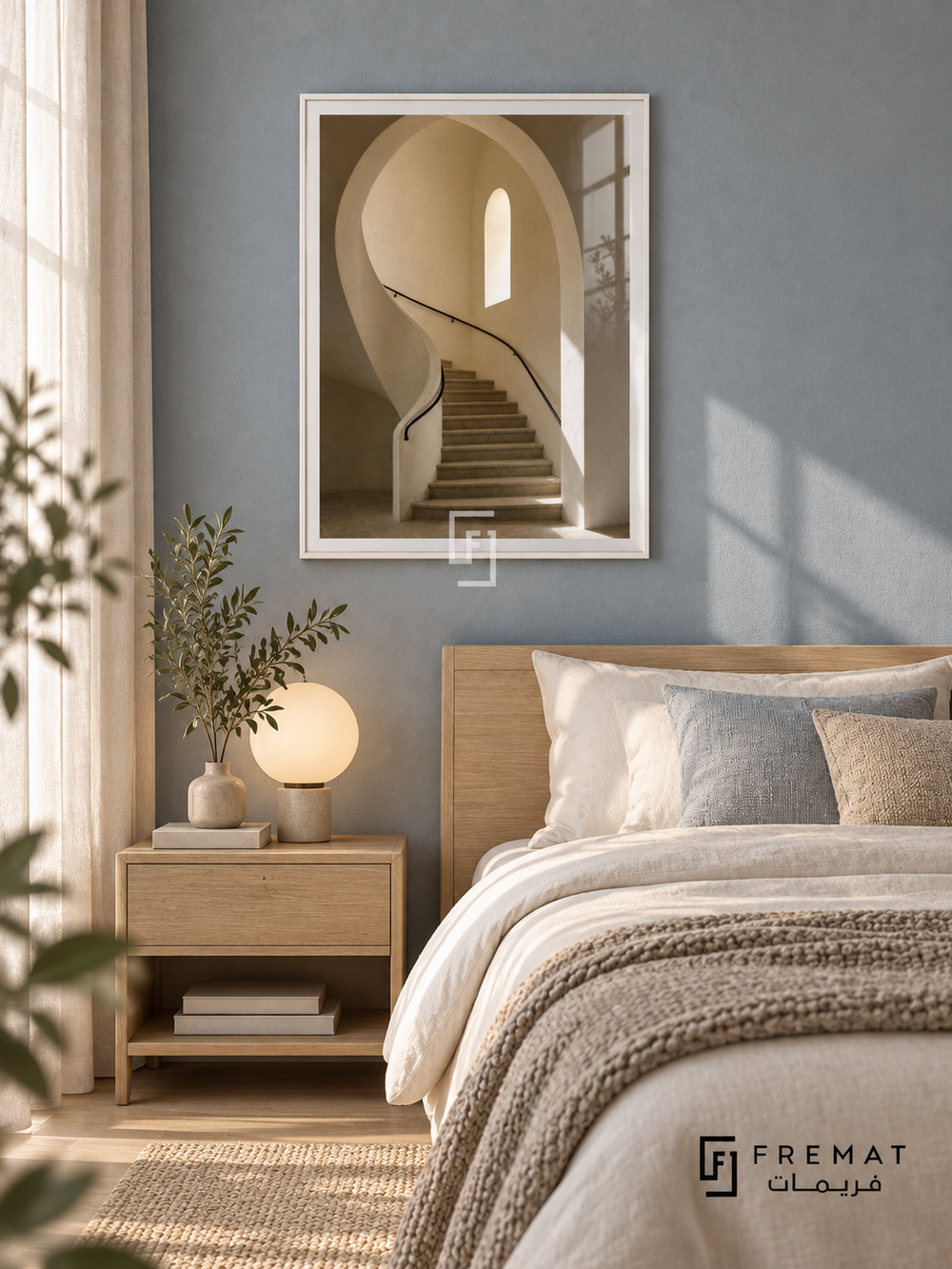 Stone Stairwell (PLC14) framed architectural wall art with a satin white PVC frame, flat white paper border and glass reflection. Soft Nordic bedroom, pale blue-gray fabric wall, white oak bed 160cm.