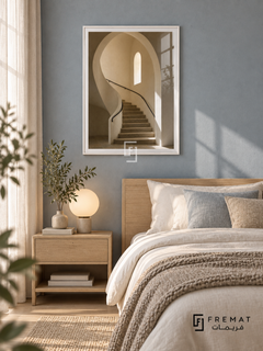 Stone Stairwell (PLC14) framed architectural wall art with a satin white PVC frame, flat white paper border and glass reflection. Soft Nordic bedroom, pale blue-gray fabric wall, white oak bed 160cm.