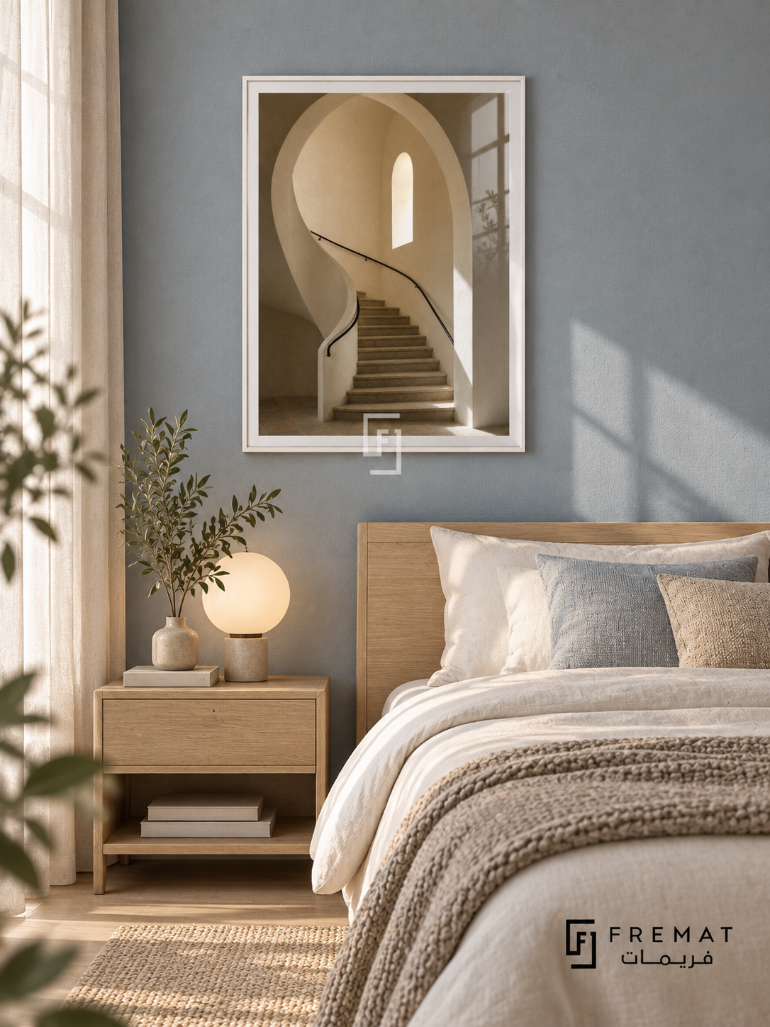 Stone Stairwell (PLC14) framed architectural wall art with a satin white PVC frame, flat white paper border and glass reflection. Soft Nordic bedroom, pale blue-gray fabric wall, white oak bed 160cm.