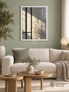 Window Shadows (PLC15) framed architectural wall art with a satin white PVC frame, flat white paper border and glass reflection. Scandi lounge, pale mint grasscloth wall, ivory sofa 170cm.