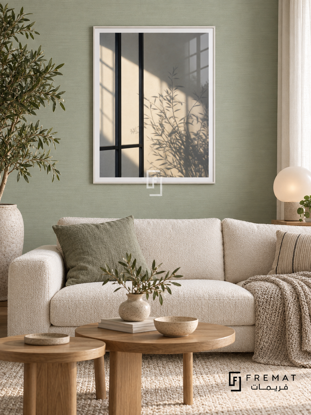 Window Shadows (PLC15) framed architectural wall art with a satin white PVC frame, flat white paper border and glass reflection. Scandi lounge, pale mint grasscloth wall, ivory sofa 170cm.