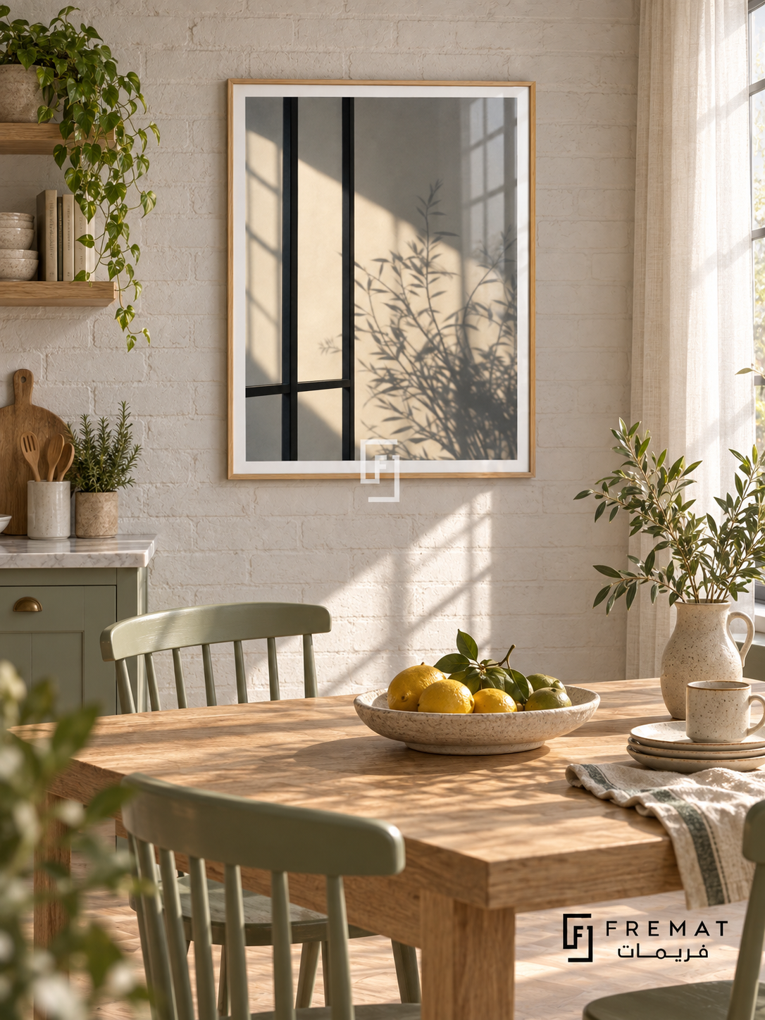 Window Shadows (PLC15) framed architectural wall art with a light wood-grain PVC frame, flat white paper border and glass reflection. Bright breakfast kitchen nook, whitewashed brick wall, pale oak table 150cm.