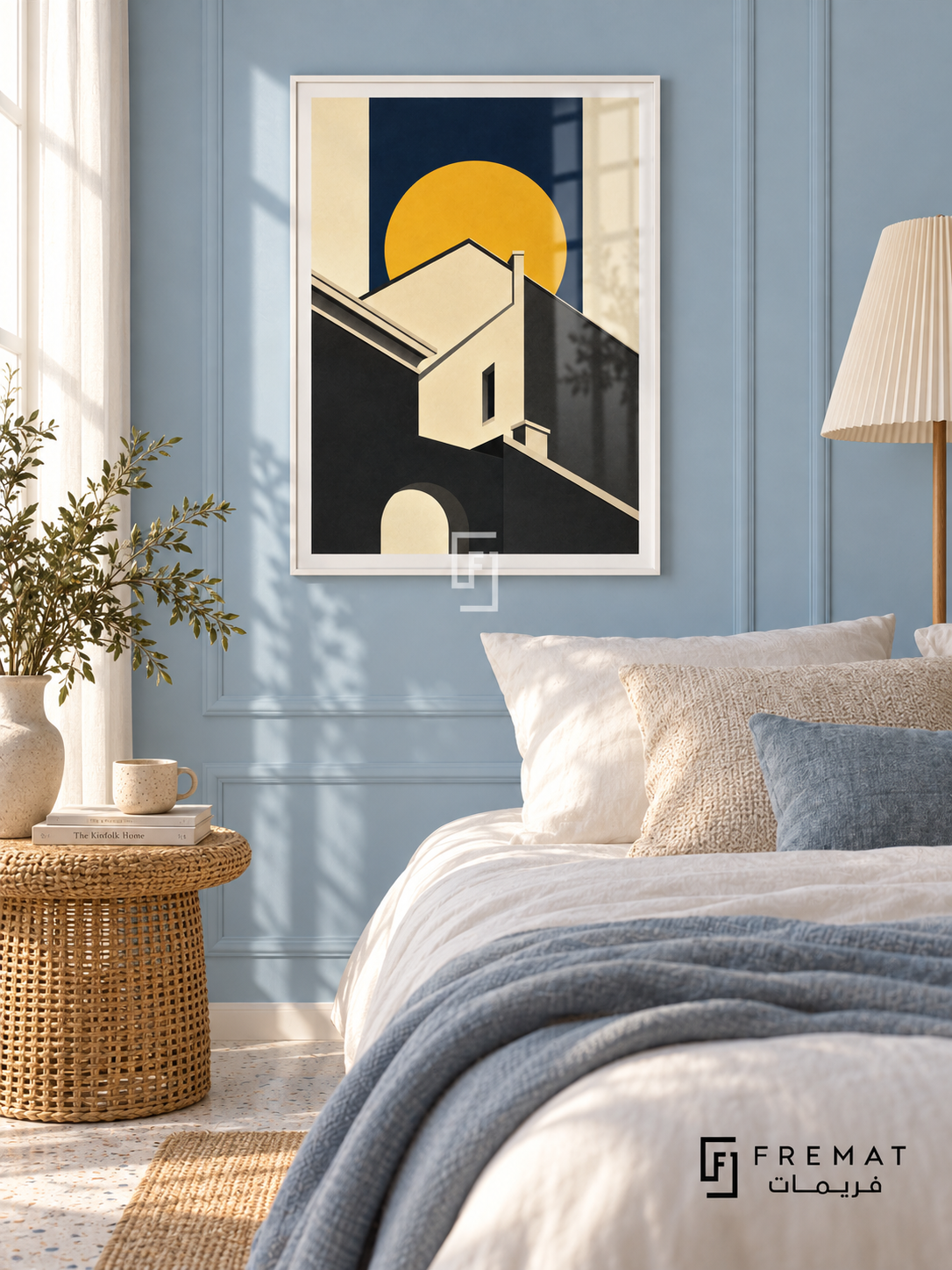 Roofline Sun (PLC16) framed architectural wall art with a satin white PVC frame, flat white paper border and glass reflection. Airy studio bedroom, powder-blue painted panel wall, white bed 160cm.