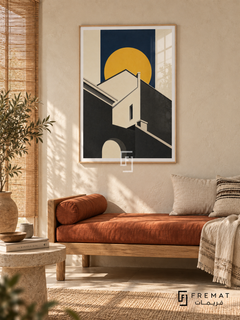 Roofline Sun (PLC16) framed architectural wall art with a light wood-grain PVC frame, flat white paper border and glass reflection. Sunny desert sitting room, ivory adobe-textured wall, oak daybed 165cm.