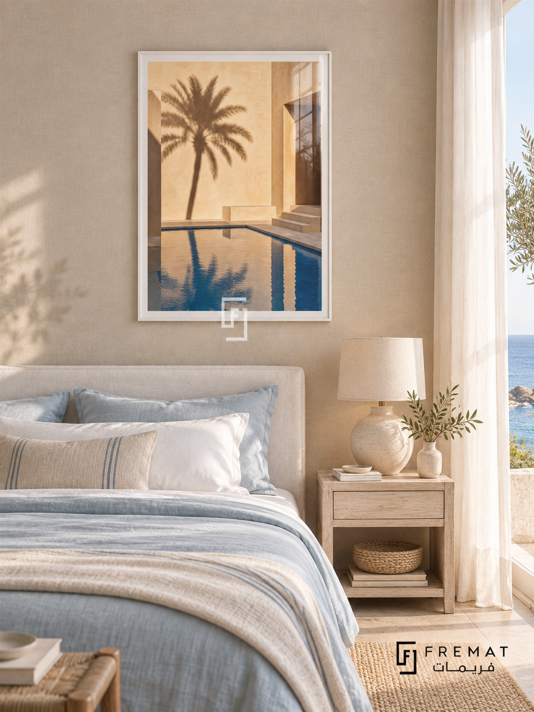 Courtyard Palm (PLC17) framed architectural wall art with a satin white PVC frame, flat white paper border and glass reflection. Serene seaside bedroom, sandy linen wallcovering, whitewashed bed 160cm.