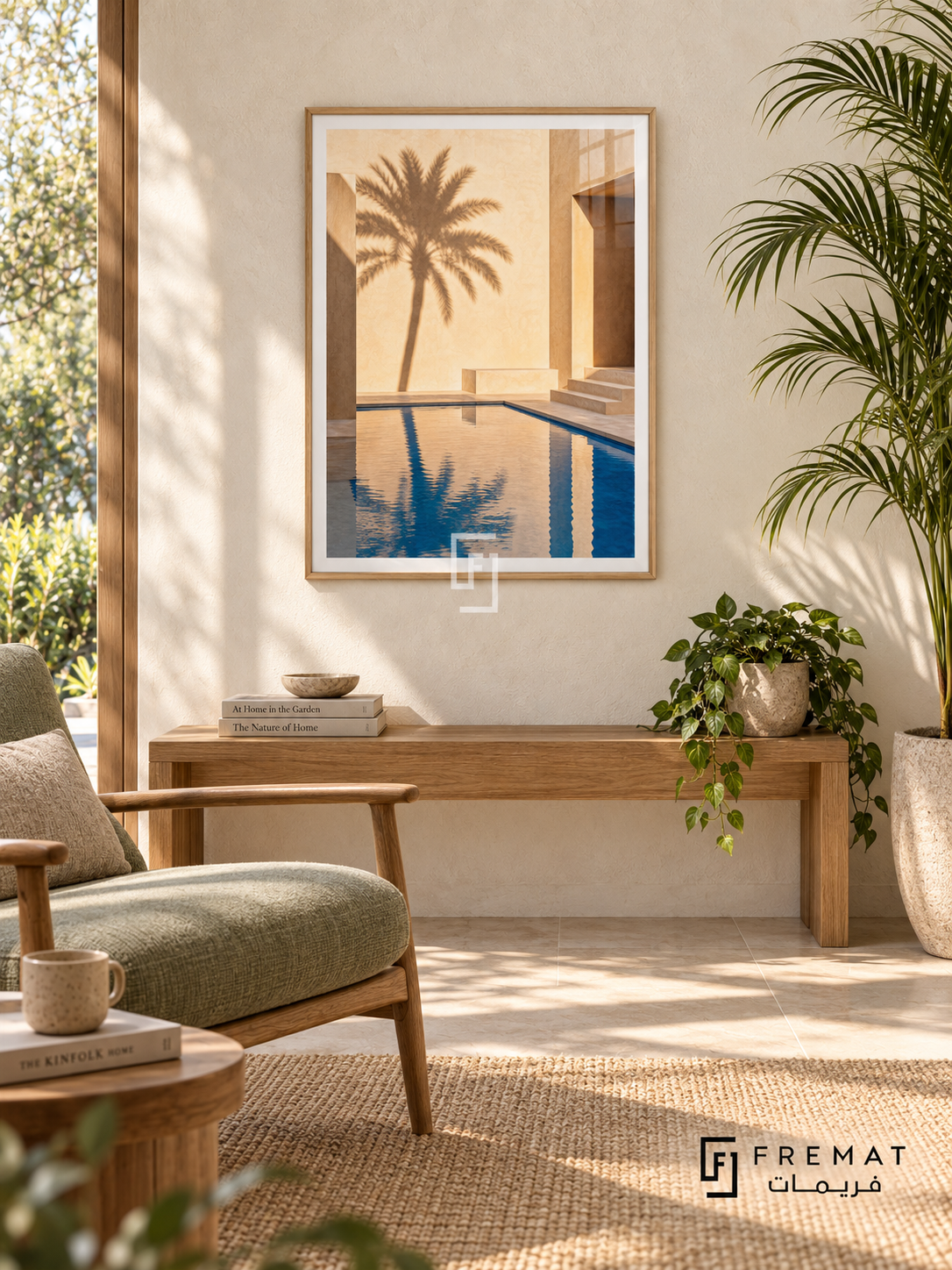 Courtyard Palm (PLC17) framed architectural wall art with a light wood-grain PVC frame, flat white paper border and glass reflection. Biophilic reading area, ivory plaster wall, oak bench 150cm.