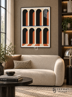 Arcade Rhythm (PLC18) framed architectural wall art with a matte black PVC frame, flat white paper border and glass reflection. Sophisticated library, warm taupe herringbone fabric wall, cream sofa 170cm.