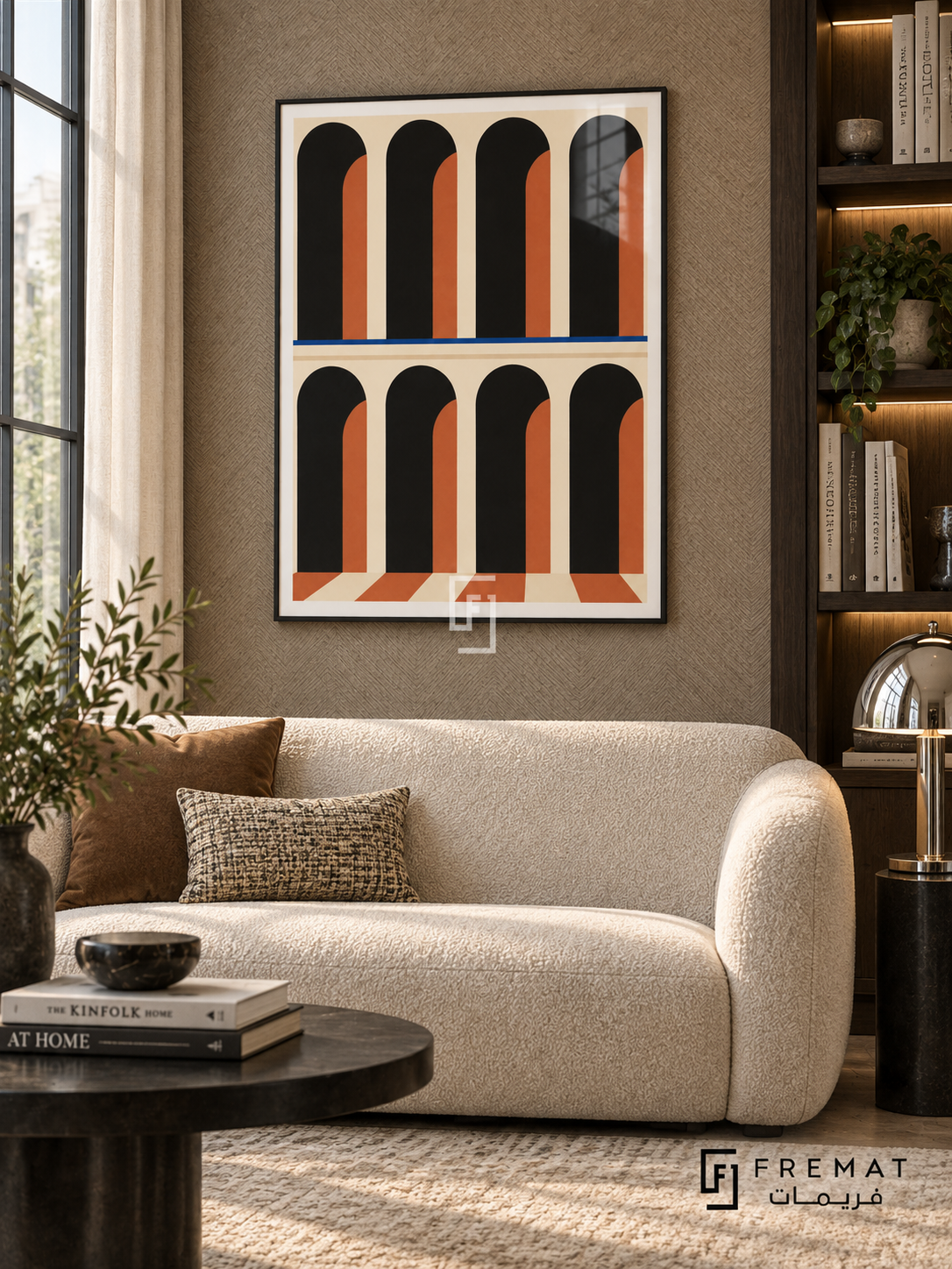 Arcade Rhythm (PLC18) framed architectural wall art with a matte black PVC frame, flat white paper border and glass reflection. Sophisticated library, warm taupe herringbone fabric wall, cream sofa 170cm.