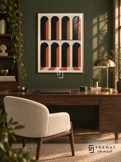 Arcade Rhythm (PLC18) framed architectural wall art with a champagne gold PVC frame, flat white paper border and glass reflection. Quiet luxury study, dark forest-green plaster, walnut desk 155cm.