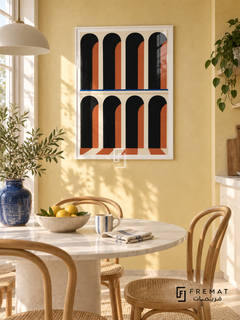 Arcade Rhythm (PLC18) framed architectural wall art with a satin white PVC frame, flat white paper border and glass reflection. Contemporary breakfast room, butter-yellow limewash wall, white oval table 155cm.