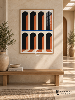 Arcade Rhythm (PLC18) framed architectural wall art with a light wood-grain PVC frame, flat white paper border and glass reflection. Warm architectural hallway, pale textured limestone wall, oak slatted bench 150cm.
