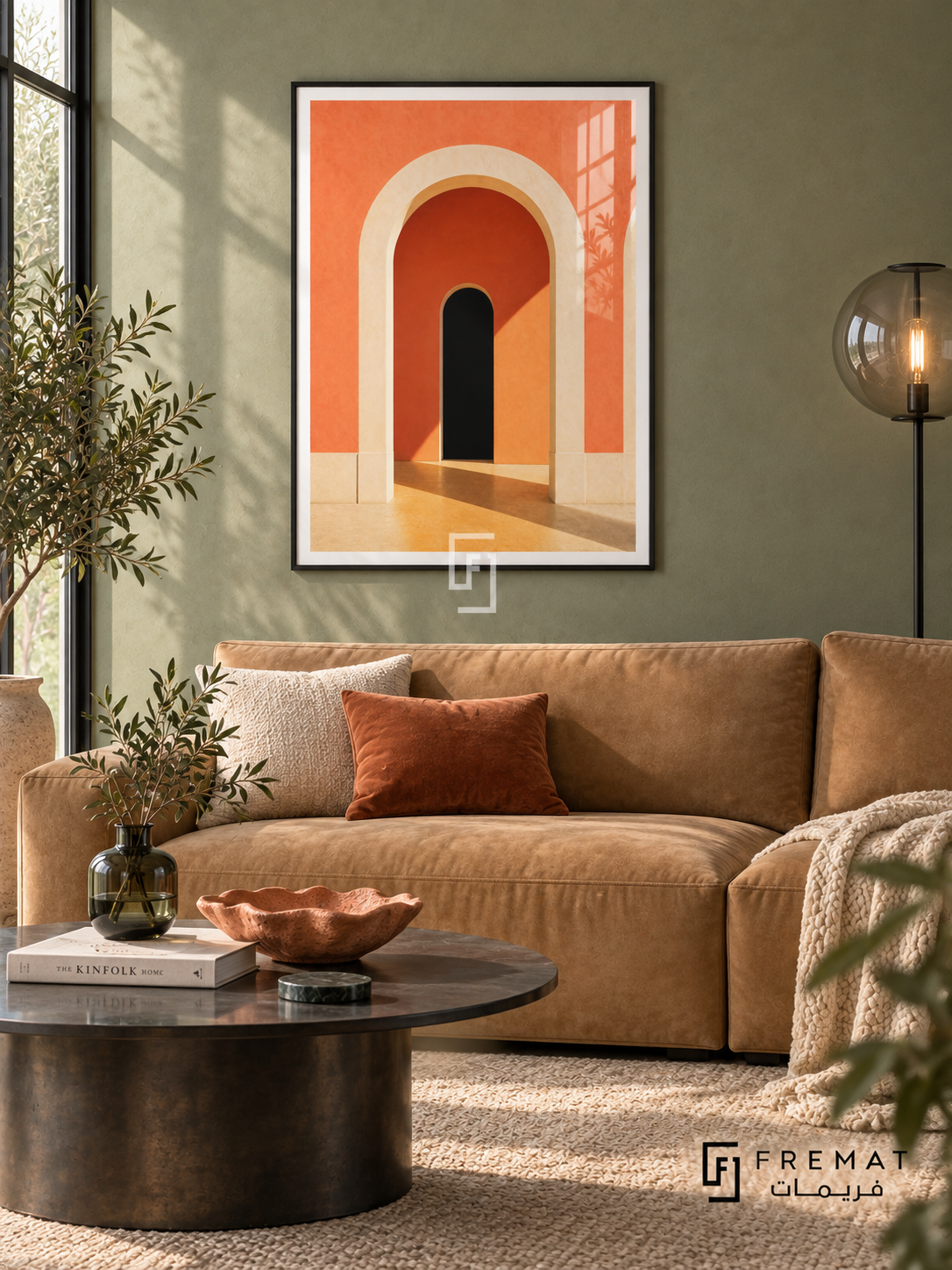 Facade Coral (PLC20) framed architectural wall art with a matte black PVC frame, flat white paper border and glass reflection. Contemporary statement lounge, muted sage wall, camel suede sofa 180cm.