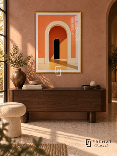 Facade Coral (PLC20) framed architectural wall art with a champagne gold PVC frame, flat white paper border and glass reflection. Warm elegant foyer, dusty rose stone wall, dark walnut console 155cm.