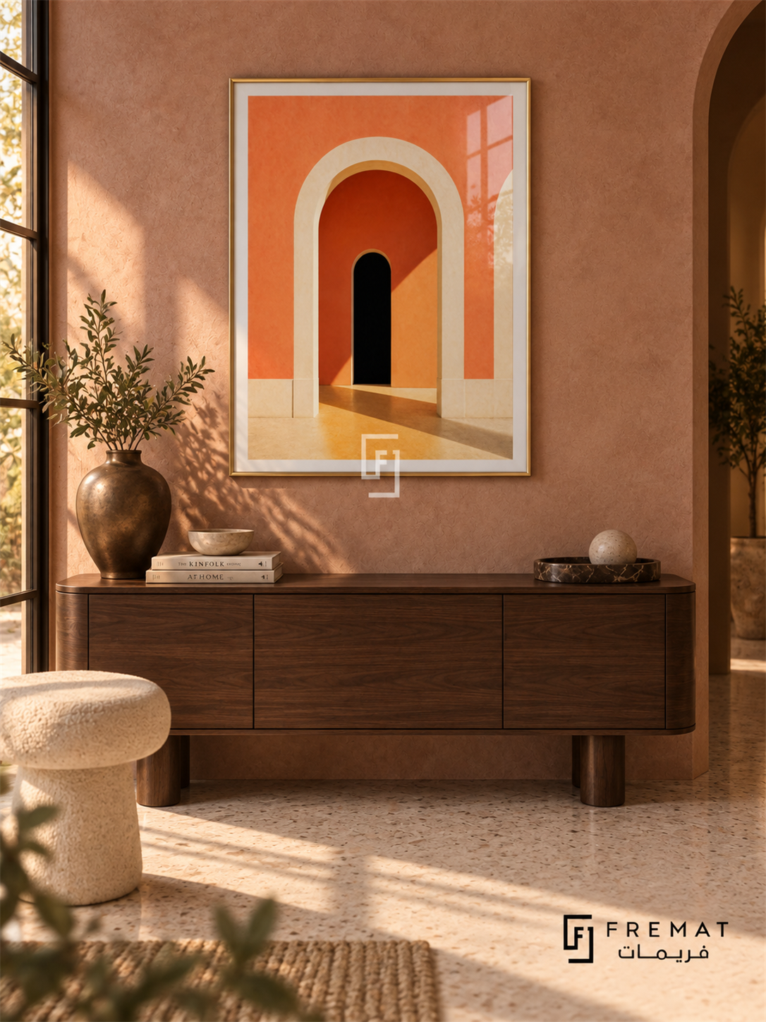 Facade Coral (PLC20) framed architectural wall art with a champagne gold PVC frame, flat white paper border and glass reflection. Warm elegant foyer, dusty rose stone wall, dark walnut console 155cm.