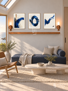 Cobalt Current shelf set, wooden texture frames: three 30 x 40 cm artworks with equal 2 cm borders, honey wood 130 cm shelf and two upward warm sensor lamps. Coastal reading room in late afternoon daylight.