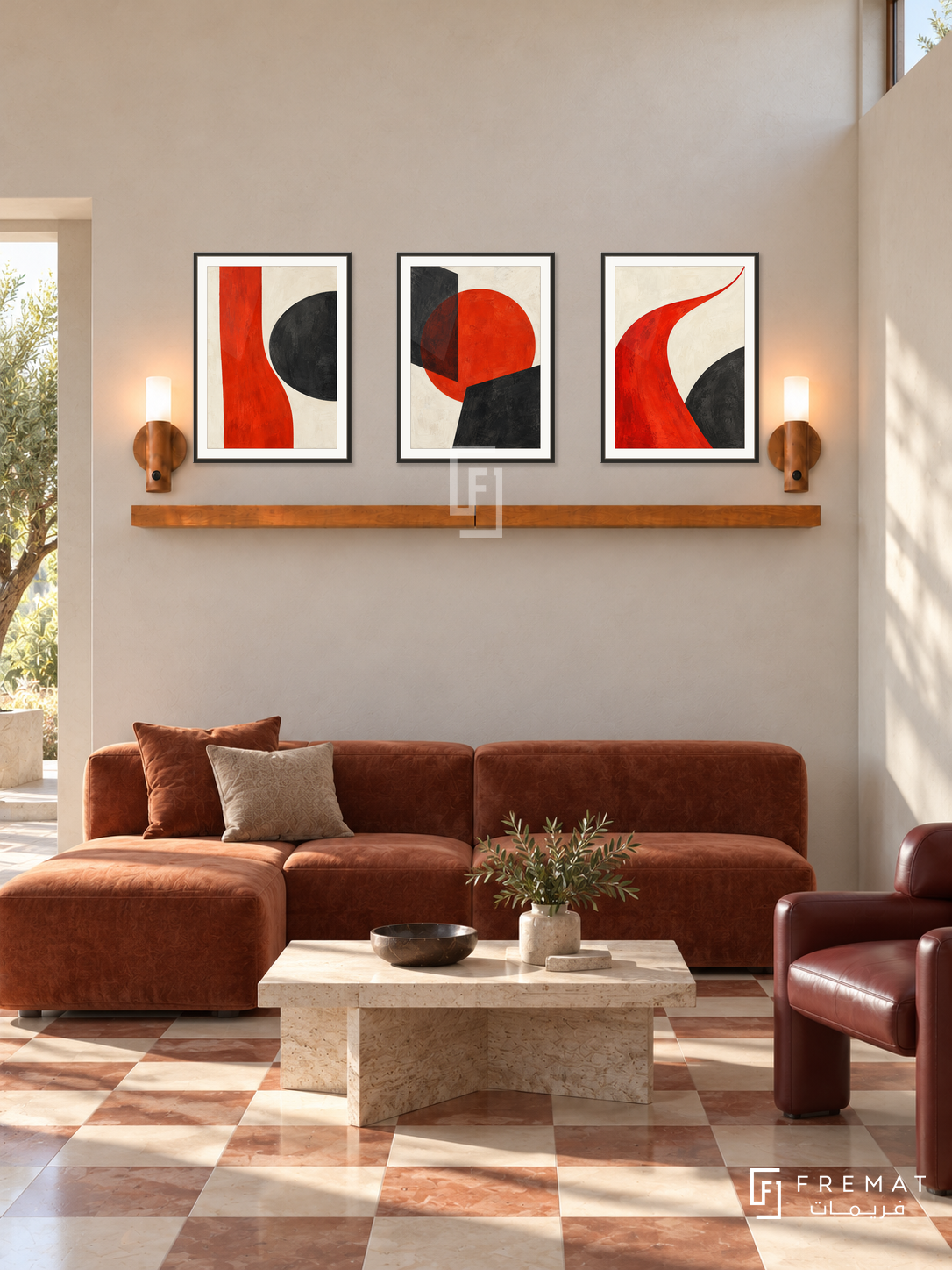 Vermilion Counterpoint shelf set in black frames, three 30 x 40 cm artworks with equal 2 cm borders, 130 cm honey wood shelf and two warm sensor lamps. Italian modernist reception in morning sunlight.